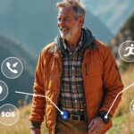 Homme senior souriant en randonnée printanière dans la montagne, équipé d'une solution de téléassistance Bip Connect avec fonctions de géolocalisation, appel automatique, alerte SOS et suivi santé.
